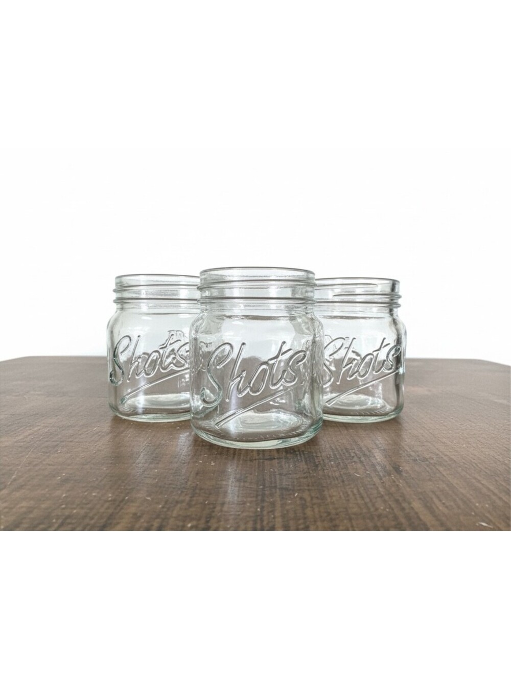 Set of 3 Clear Glass Mason Jar Shot Glasses Embossed "Shots" Mini Barware